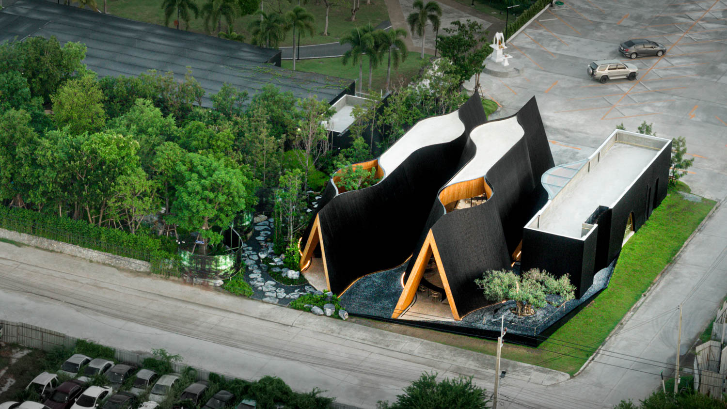 aerial entrance Harudot By Nana Coffee Roasters / IDIN Architects Chonburi, Thailand