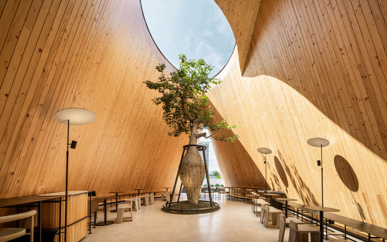 courtyard around tree Harudot By Nana Coffee Roasters / IDIN Architects Chonburi, Thailand